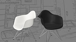 Vitra Eames Plastic Armchair DAR Quickship 2021 mit Drahtgestell in Chrom und Sitzschale in schwarz oder weiß ist im Werk lagernd und schnell lieferbar bei Gruenbeck Interiors Wien
